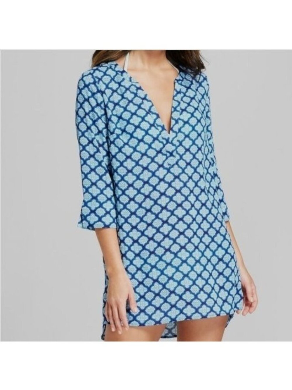 COVER2COVER Tunic Swim Coverup Large Blue Turquoise Boho Geometric Dress